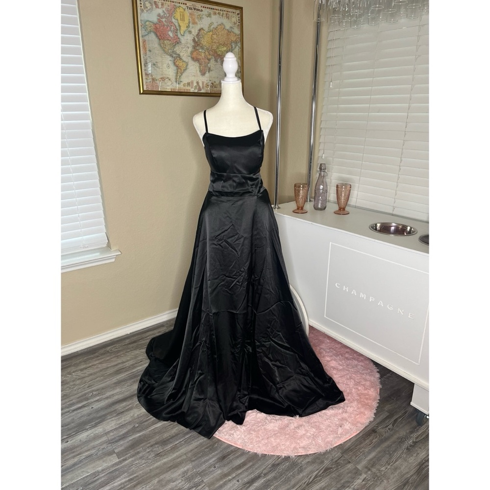 Women’s open back satin dress with slit and pockets